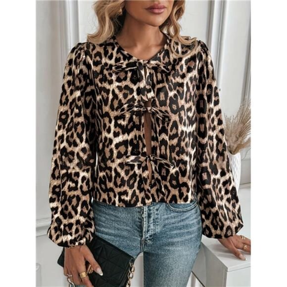 Tied Leopard Round Neck Long Sleeve Top - Picture 1 of 4